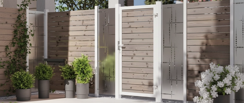 Moderner Rhombus-Holzzaun mit weißem Türrahmen, perforierten Metallpaneelen und Pflanzkübeln.