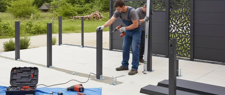 Handwerker richten mit Bohrschrauber und Wasserwaage Pfosten aus, um WPC-Sichtschutz zu montieren.