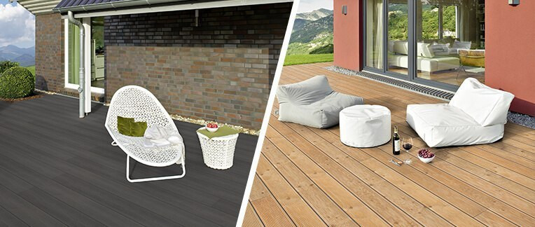 Komfortable Terrassenbereiche mit dunklen WPC-Belägen links und natürlichen Lärchenholzdielen rechts.